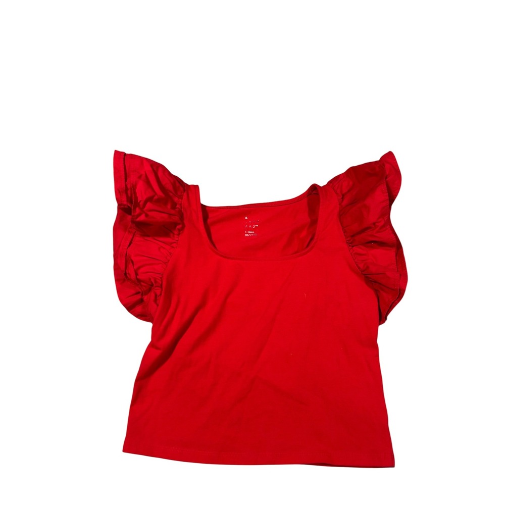 A New Day Red Ruffle Sleeve Top Women's Blouse Crop Short Sleeve‎ Scoop Neck XS